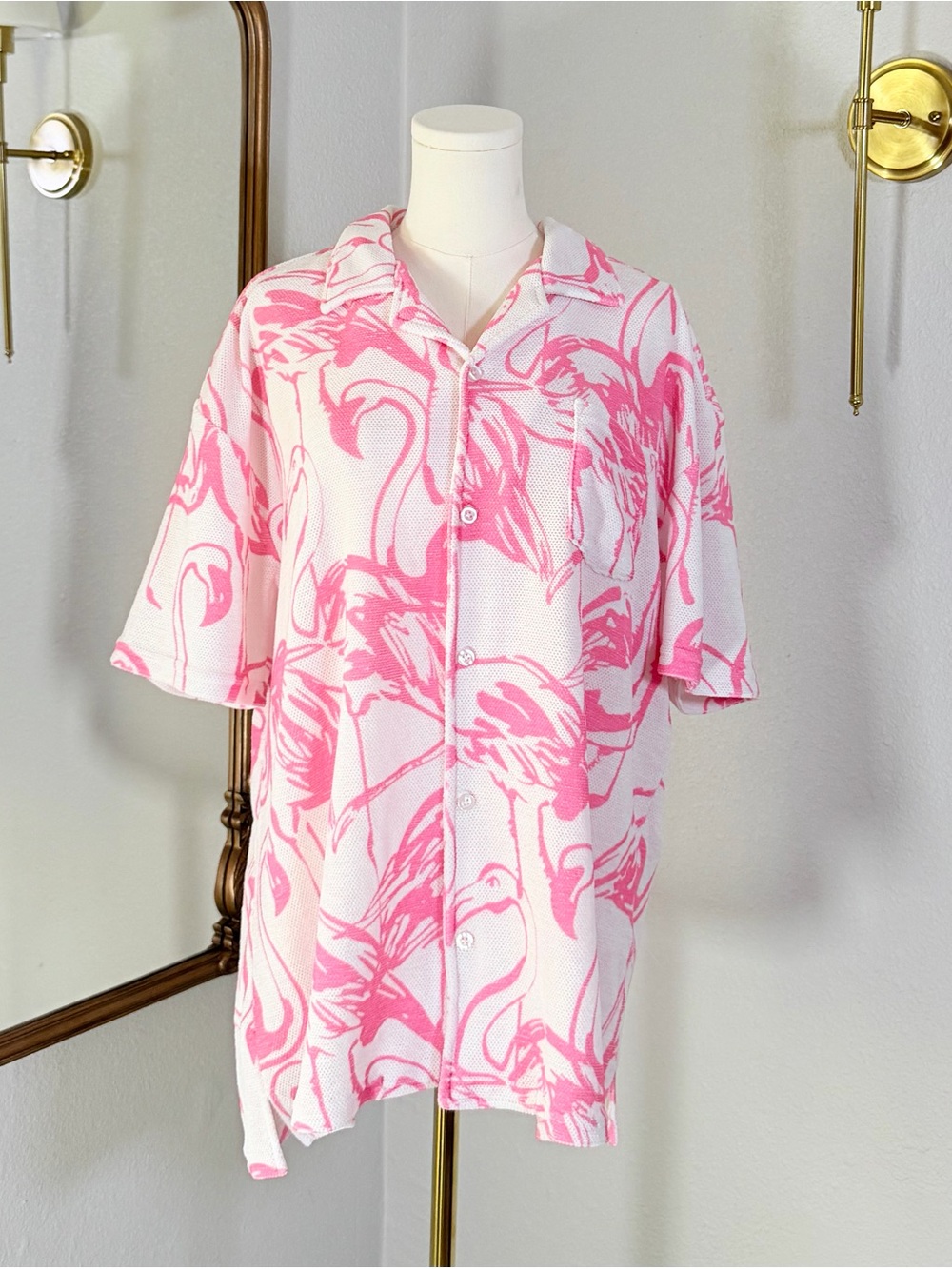 Massive Luxury Pink Flamingo Textured Waffle Knit Button Up Cabana Shirt XL